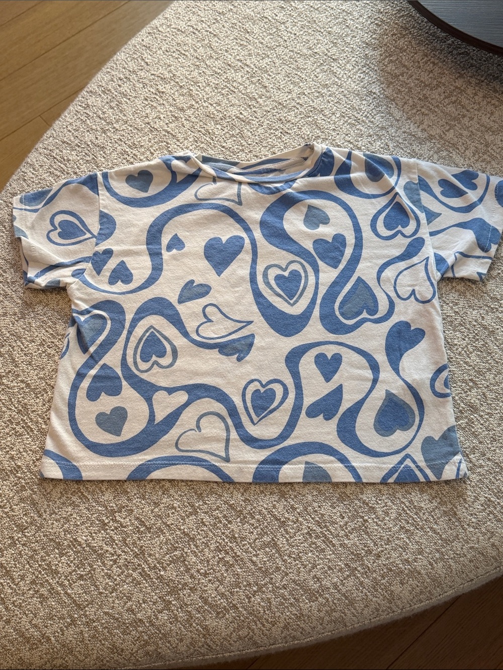 Zara White Tee with Blue Heart Swirl Print